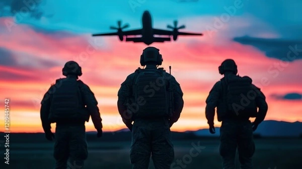 Fototapeta Soldiers stand silhouetted against a vibrant sunset as an aircraft takes flight, symbolizing duty and courage.
