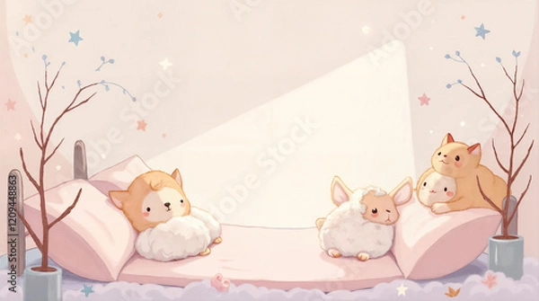 Fototapeta Adorable animals snuggled in a cozy bed, surrounded by pastel colors and whimsical details. A perfect illustration for children's books or calming themes.