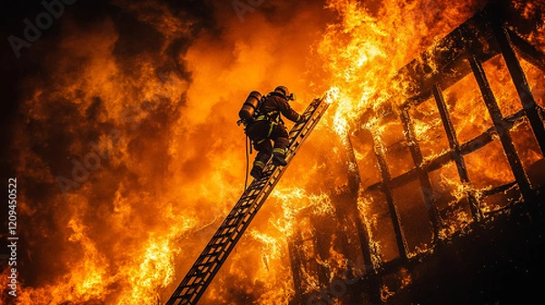 Fototapeta Bombero subiendo una escalera entre llamas intensas, enfrentando un incendio masivo con valentía y determinación.