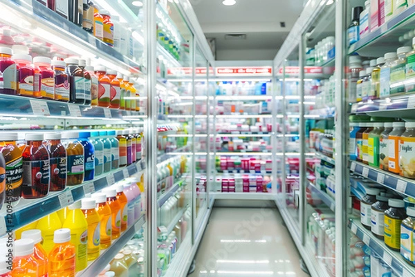 Obraz Clear signage space in a pharmacy aisle, surrounded by colorful medication bottles and products, bright lighting, clean and organized layout. Generative Ai.