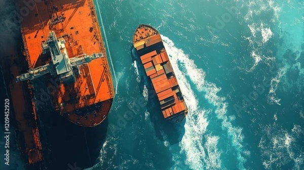 Obraz Two cargo ships sail parallel across a vast ocean