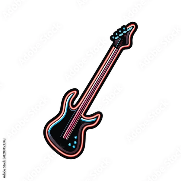 Fototapeta Design a vibrant neon-style electric guitar logo for a rock-themed brand, incorporating bold lines, electric blue and red hues, and a dynamic composition.