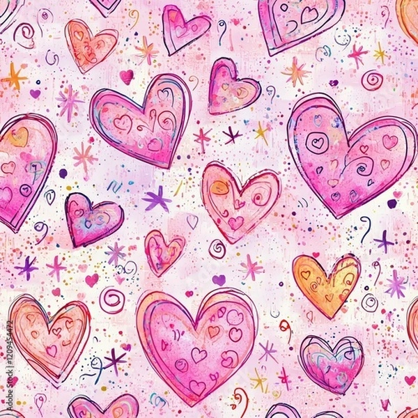 Fototapeta Whimsical Watercolor Hearts: A delightful pattern of hand-drawn hearts in vibrant pink, purple, and orange hues, adorned with sparkling stars and swirls, creating a playful and romantic ambiance.