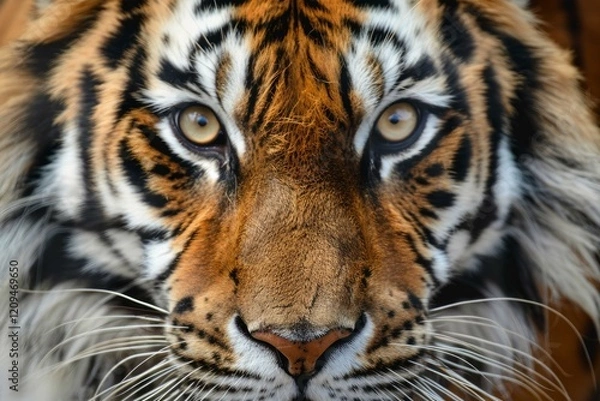 Fototapeta Intense gaze of a magnificent tiger, showcasing its striking stripes and powerful presence