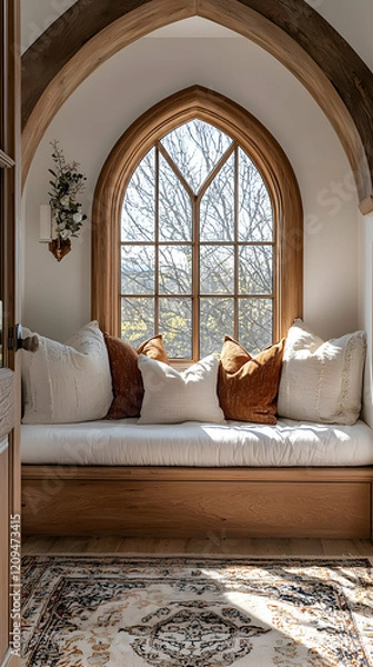 Fototapeta Sunlight Streams Through Arch Window onto Cozy Window Seat