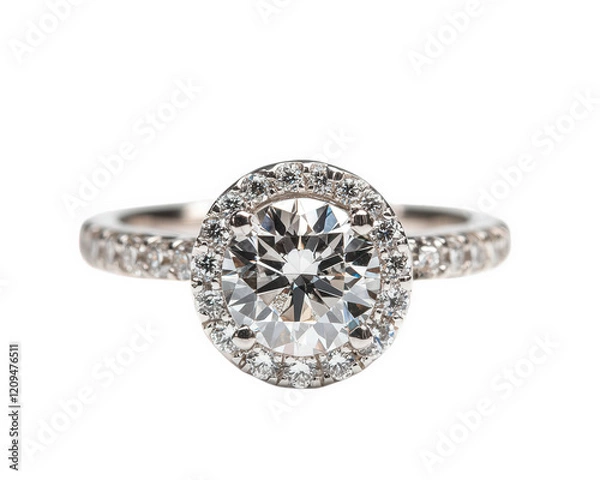 Fototapeta Stunning diamond engagement ring with halo setting, showcasing brilliance and elegance. Perfect for symbolizing love and commitment