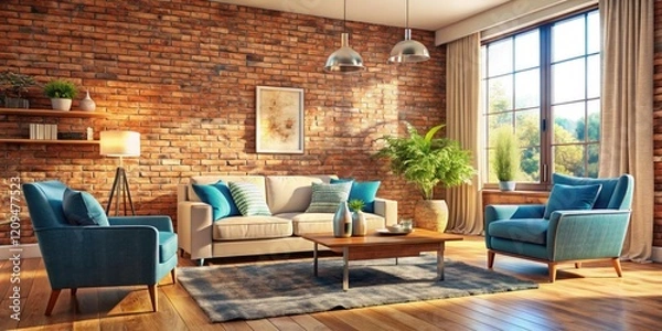 Fototapeta Rustic charm meets modern elegance: a cream sofa, blue accents, distressed brick, and wood floors create a stylish space.