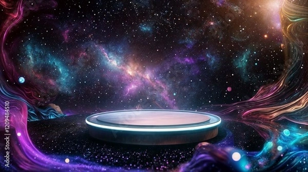 Obraz A glowing circular platform amidst a vibrant galaxy filled with colorful nebulae and stars. A surreal scene for cosmic themes, fantasy art, and imaginative projects
