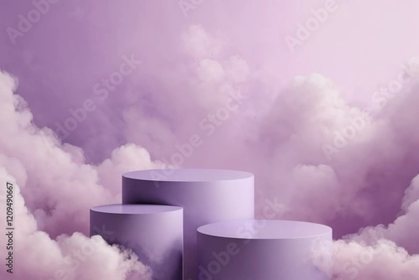 Fototapeta Three purple cylinder podiums in misty clouds