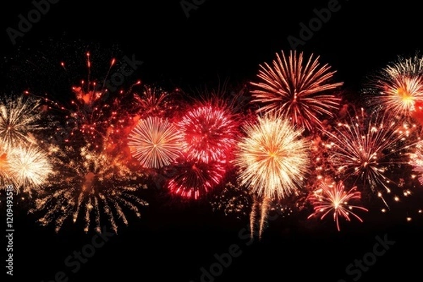 Fototapeta Fireworks display creates a colorful night sky with vibrant bursts and sparkling trails over a festive celebration