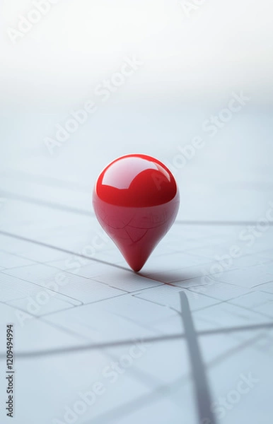 Obraz A 3D-rendered red GPS location pin standing prominently on a detailed digital map with fine grid lines and a soft gradient background.
