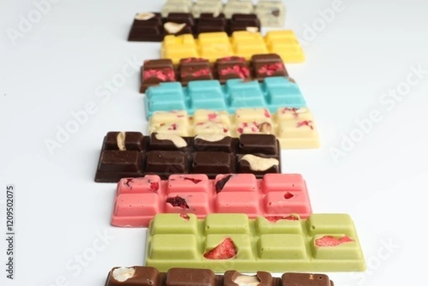 Fototapeta Different tasty chocolate bars on white background, closeup
