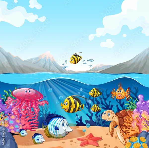 Fototapeta Nature scene with fish and turtle