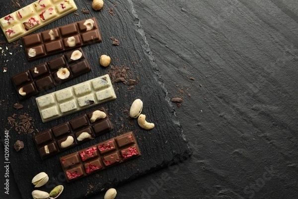 Fototapeta Different tasty chocolate bars with nuts and freeze dried raspberry on black table, flat lay. Space for text