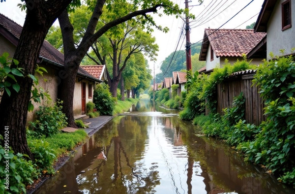 Fototapeta A tranquil village street is submerged in flood water, with cottages and trees lining the banks at dawn