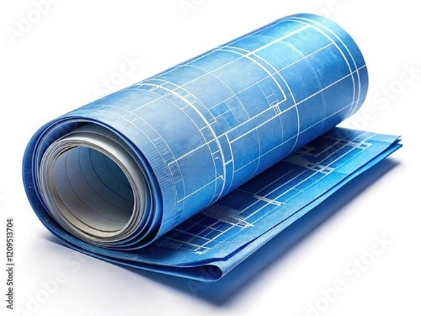 Fototapeta Rolled Blueprint Architectural Plan, Tied with String, Isolated White Background Stock Photo