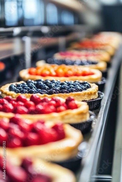 Fototapeta Mouthwatering berry pie production in a vibrant factory kitchen showcasing colorful dessert creation