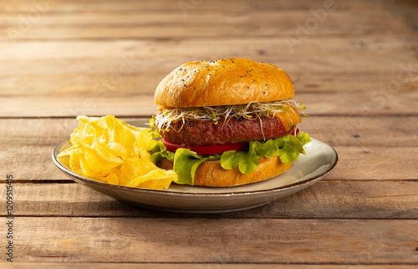 Obraz Burger with sprouts and lettuce, served on a plate with fries..