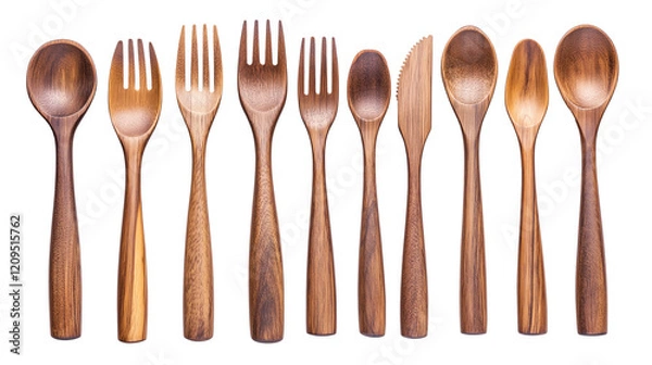 Fototapeta Set of wooden spoons and forks isolated on transparent background