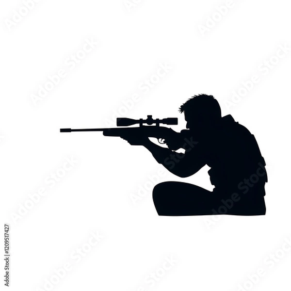 Fototapeta A minimalist silhouette of a soldier aiming with a sniper rifle, symbolizing precision. Sniper aiming minimalist.


