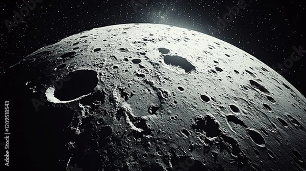 Fototapeta Cratered lunar surface, illuminated by sun, space background.