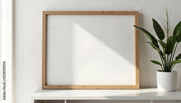 Fototapeta Square frame mockup with copy space on white shelf and plant in modern interior