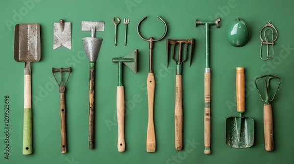 Obraz A flat lay of gardening tools on a green background.