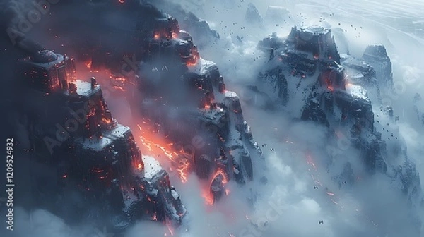 Obraz Lava Flowing Through Snowy Mountains: A Fantasy Landscape