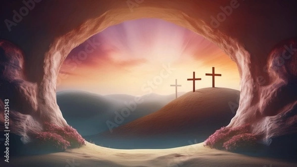 Obraz The concept of Easter Sunday, the cross of the crucifixion of Jesus Christ, the concept of the Christian faith. The tomb is empty with a cross in the background of the dawn Resurrection of Jesus