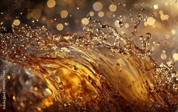 Fototapeta Whiskey on the rocks splashing dramatically, golden hues and elegant lighting