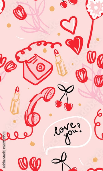 Fototapeta Valentines Day pattern. February 14. Vector cute doodle pattern with a bouquet of flowers, a lipstick, a phone, lollipop. Vector illustration