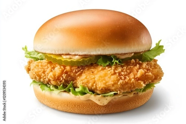 Obraz A fried chicken sandwich with pickles, lettuce and a sauce isolated on a white background