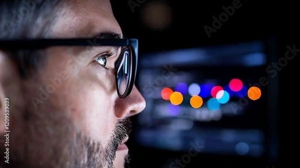 Obraz Focused Man Working on Computer at Night