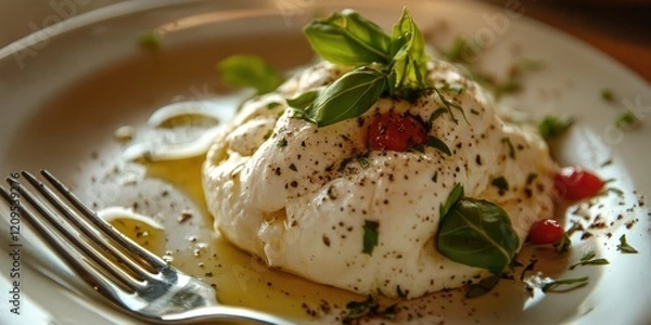 Fototapeta Closeup of a white plate with burrata cheese topped with basil and cherry tomatoes, with a silver fork on the left side and olive oil drizzled.