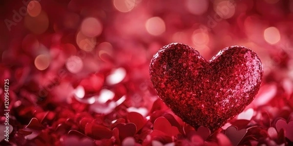 Fototapeta Red glitter heart in foreground on a blurred bokeh background of red hearts, creating a romantic Valentine's Day atmosphere.