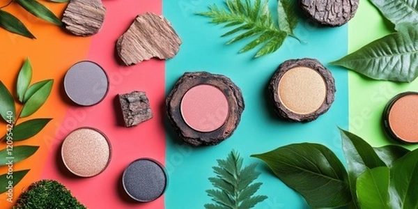 Fototapeta Arrangement of eyeshadows in circular containers on vibrant orange and teal background alongside tree bark and green plant leaves.