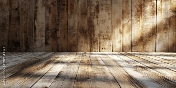 Fototapeta Empty wooden texture background with warm brown tones, horizontal wooden planks, soft light casting shadows across the floor and walls.