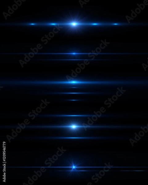 Fototapeta Lens flares and anamorphic lens flare.  Set of beautiful anamorphic light flares. Blue streaks filter effects.