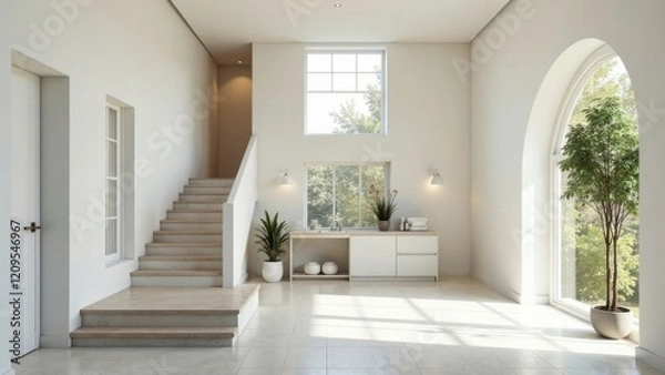 Fototapeta Modern Minimalist Home Interior Design with Stone Staircase and Abundant Natural Light