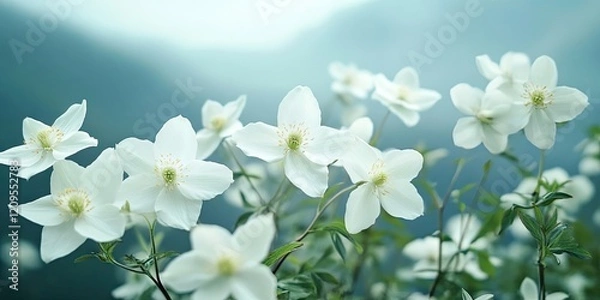 Fototapeta Delicate white flowers in full bloom, foreground positioned with soft green foliage, hazy blue mountains in the background, tranquil natural setting.