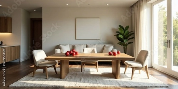 Fototapeta Modern minimalist living room design featuring a light beige sofa, wooden dining table with red fruit, and natural light from large windows