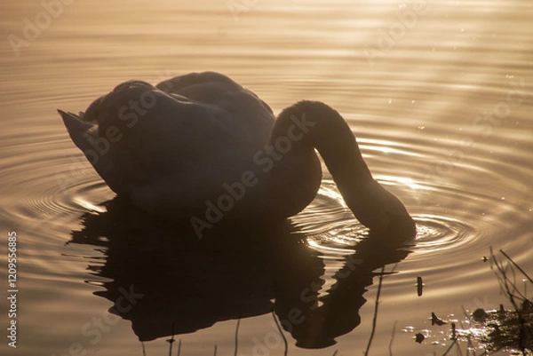 Fototapeta A swan on the lake as the morning fog crosses over the sky 