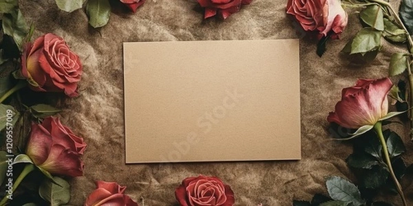 Fototapeta Blank brown craft card surrounded by deep red and soft pink roses on textured background, ideal for romantic invitation or greeting concept.