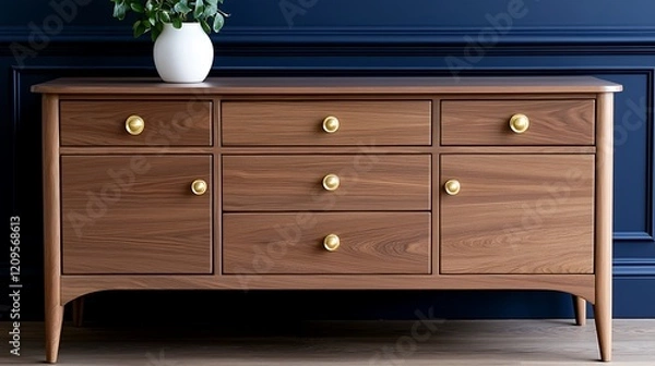 Obraz Mid Century Modern Wooden Sideboard with Gold Knobs