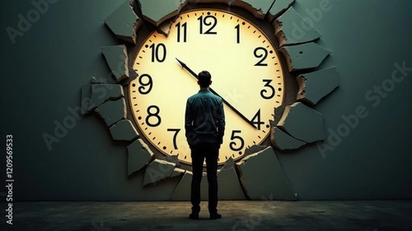 Fototapeta A silhouette of a person standing in front of a shattered clock with frozen hands, representing the fear of time running out and an uncertain future.