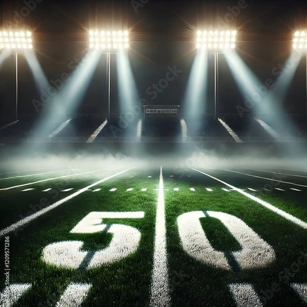 Fototapeta Dramatic Football Field Under Stadium Lights with Fog - Game Day Atmosphere and Sports Event Background