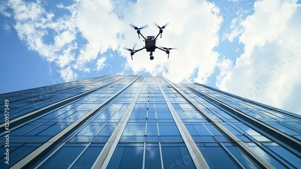 Obraz A robotic drone conducting aerial inspections of a modern skyscraper, clean and dynamic environment with a focus on high-rise building maintenance, Urban style
