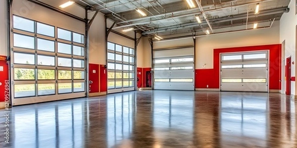 Fototapeta Functional firehall with concrete flooring, bright walls, and large overhead doors. Designed for quick accessibility.