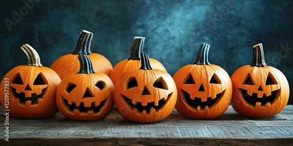 Fototapeta Halloween pumpkins in vibrant orange with carved faces, arranged on a rustic wooden table against a textured teal background, ample space for text.