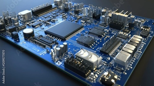 Fototapeta Close-Up of a Blue Motherboard with Integrated Circuitry